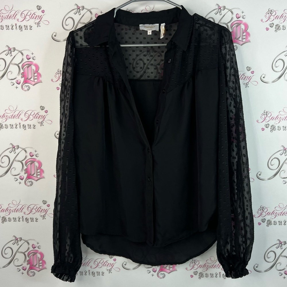 Laundry By Shelli Segal long sleeve dotted Polka dot buttons Black Sheer Blouse